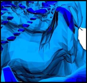 On the right side of the hull, this 3D image looks into the inside of the hull. The curvature of the rib can be seen in the center to the right side of the image.