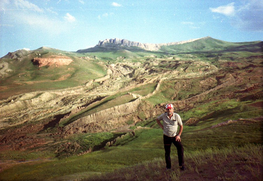 Ron in front of Noahs Ark Ron Wyatt standing up the hill from the remains of Noah's Ark