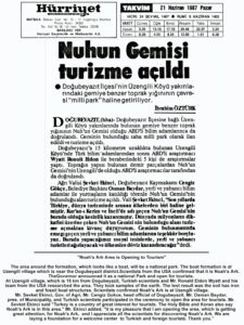 Article in Turkish Newspaper announcing the official dedication of Noah's Ark