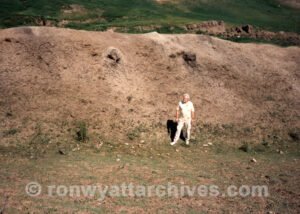 Ron Wyatt standing below 2 objects protruding from the interior west side of the ark. He believed they were deck joists.