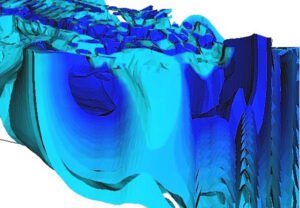 This 3D images cuts through the rear of the ship, showing the symmetrical curvature of the ribs on both the left and right sides.
