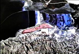 This satellite photo shows Mt. Sodom (highlighted in red) and the remains of Sodom directly behind it. Notice the square shape of the area of Sodom.