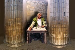 Illustration of how a person could sit between the columns in the long corridor. Ron believed they had people who spoke the different languages to sell to the foreigners.
