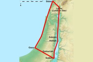 Map of the location of the cities of the plain according to the Biblical statement that they form the border of the Canaanites.
