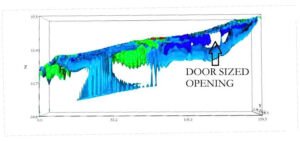 Near the front of the ship is an area with the distinct shape of an opening into the ship